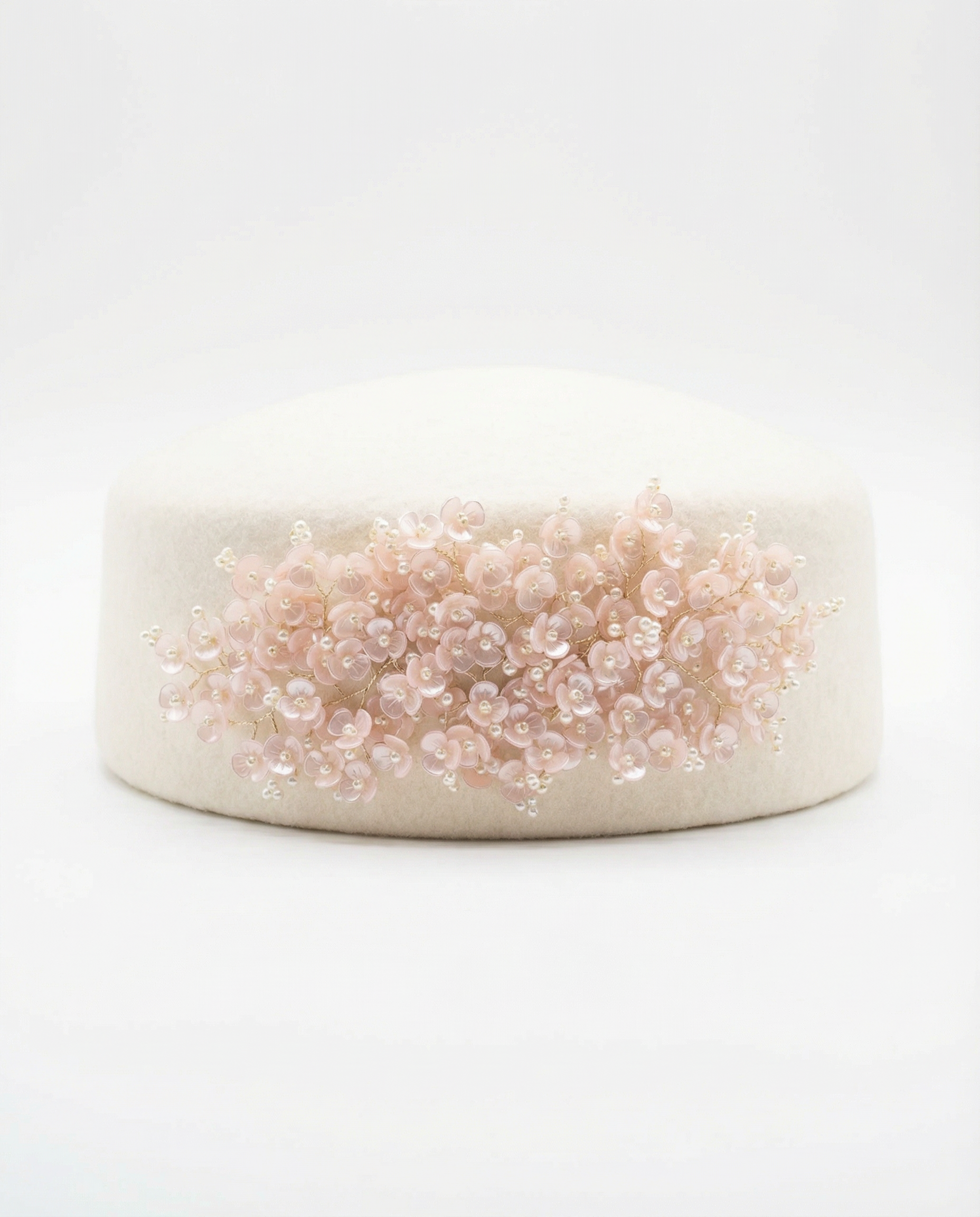 Structured Pillbox Hat with Miniature Acrylic Flowers and Faux Pearls 100% Wool Adjustable