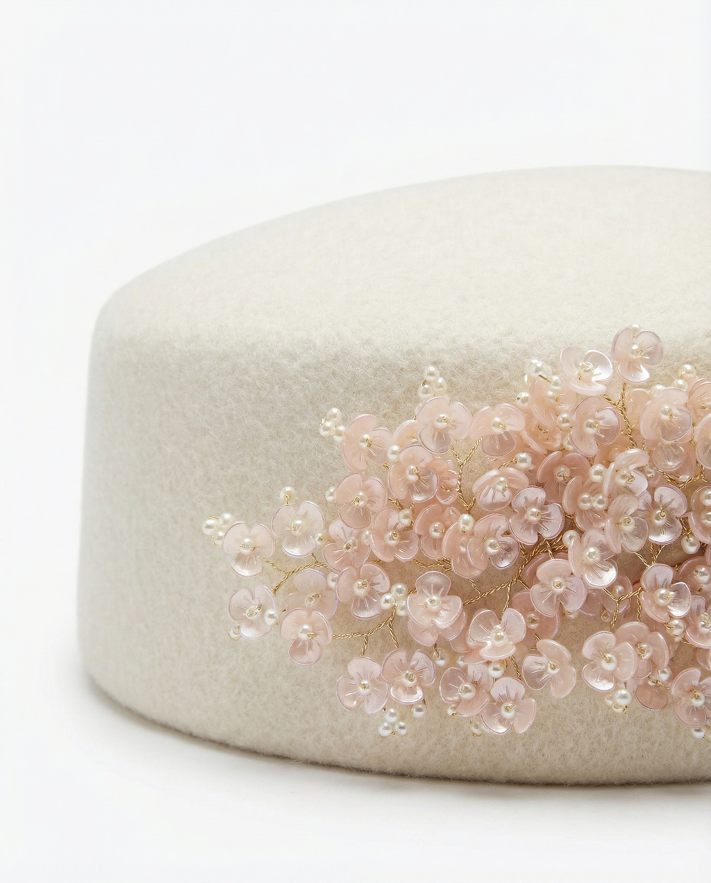 Structured Pillbox Hat with Miniature Acrylic Flowers and Faux Pearls 100% Wool Adjustable