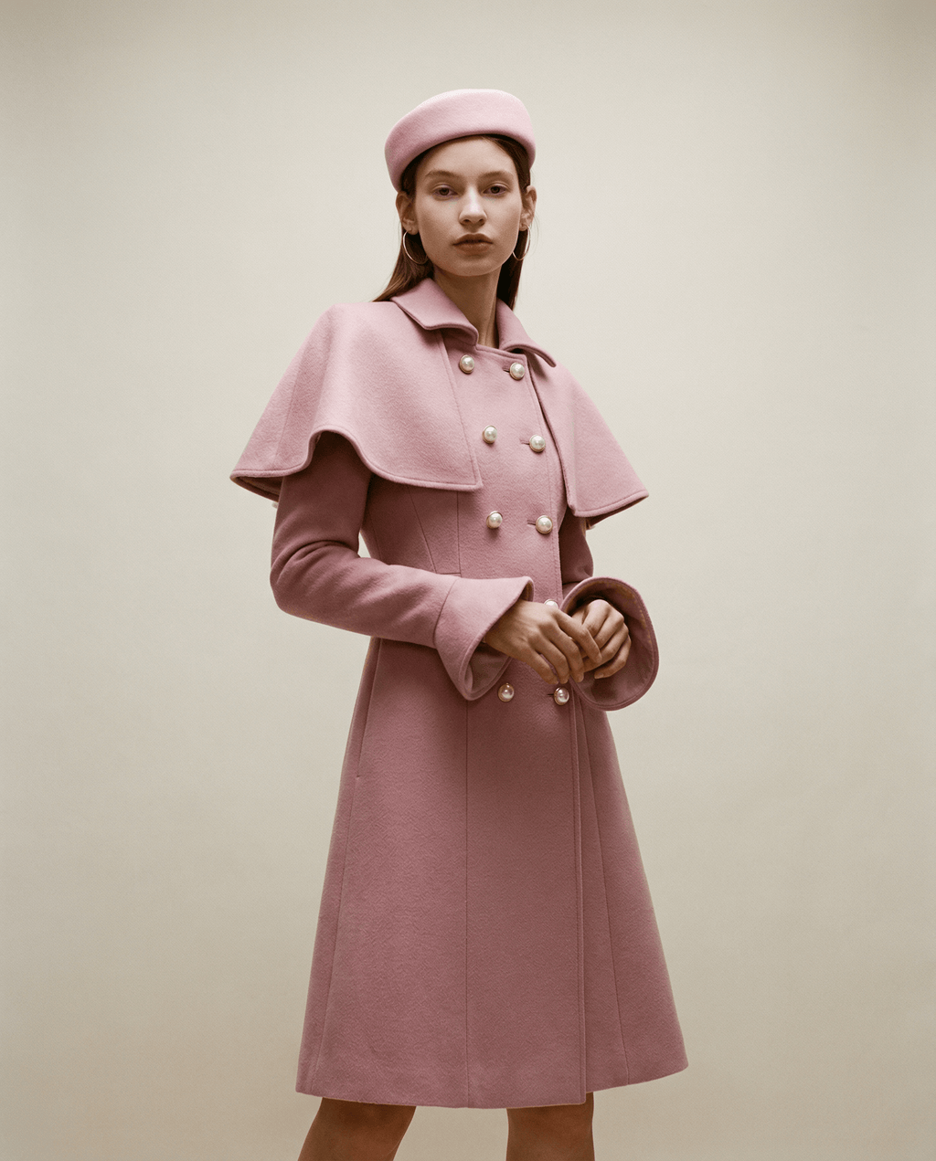 Candy Pink Coat With Removable Cape  and Pockets