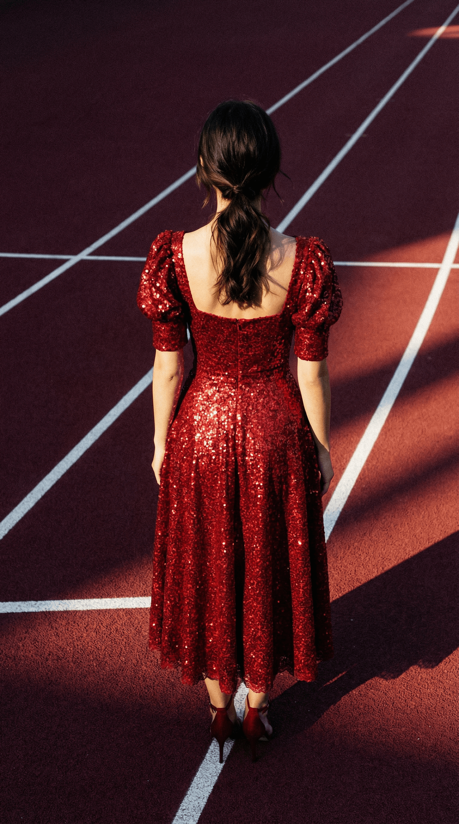 Sequin Milkmaid Dress with Sweetheart Neckline & Puffed Sleeves - Red