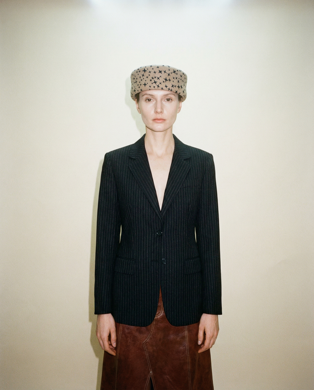 Star Print Pillbox Hat 100% Wool