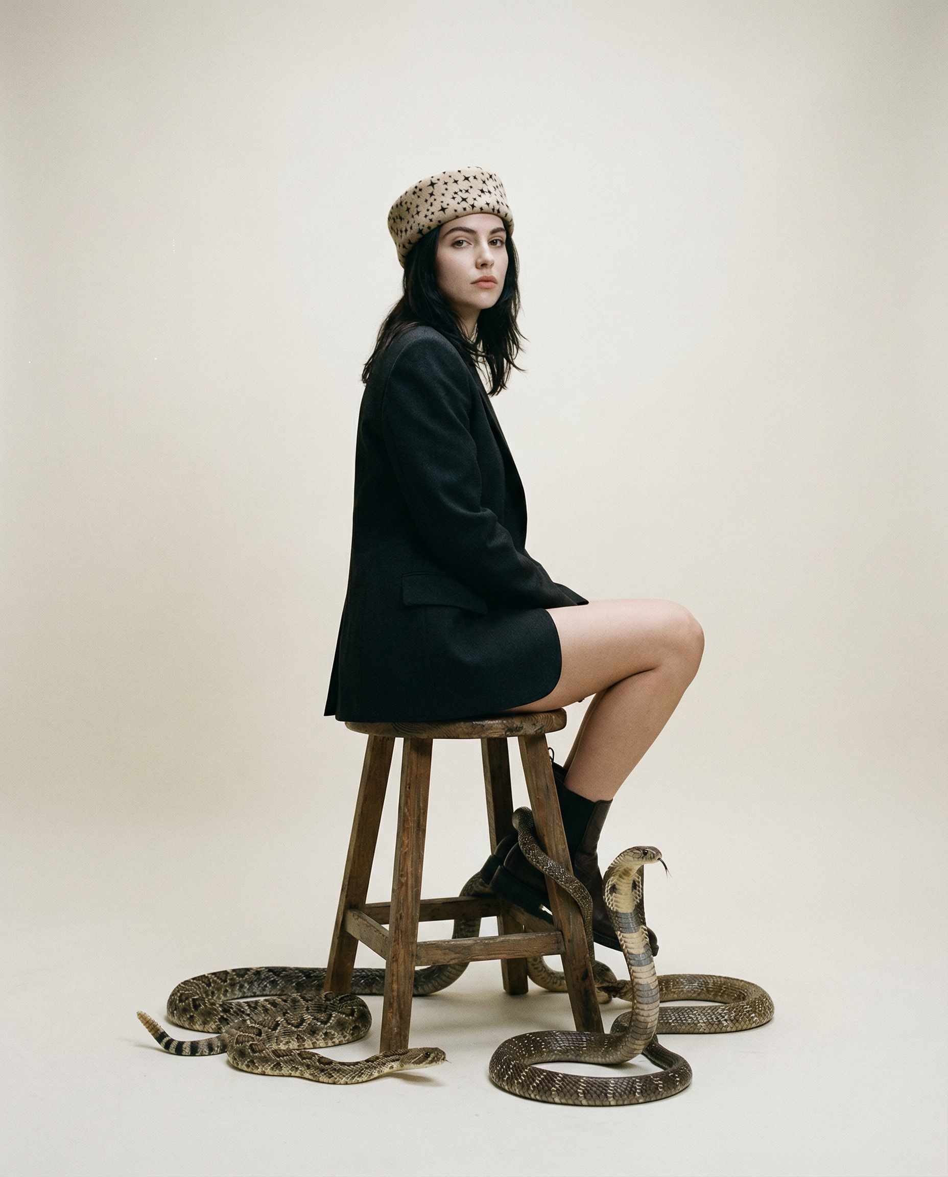 Star Print Pillbox Hat 100% Wool