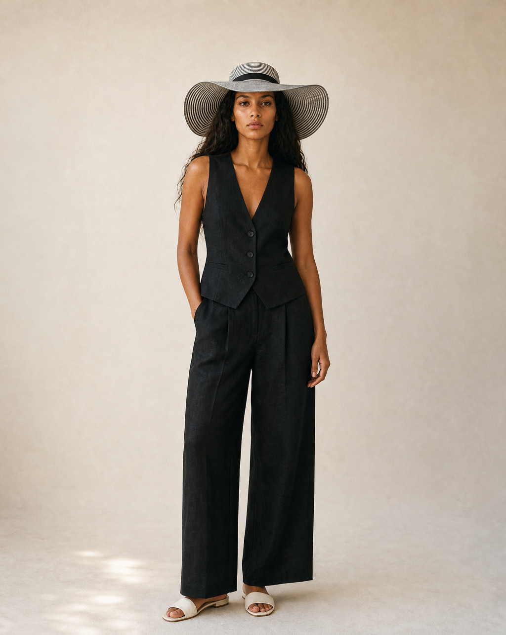 Black and Ivory Braided Wide Brim Straw Hat