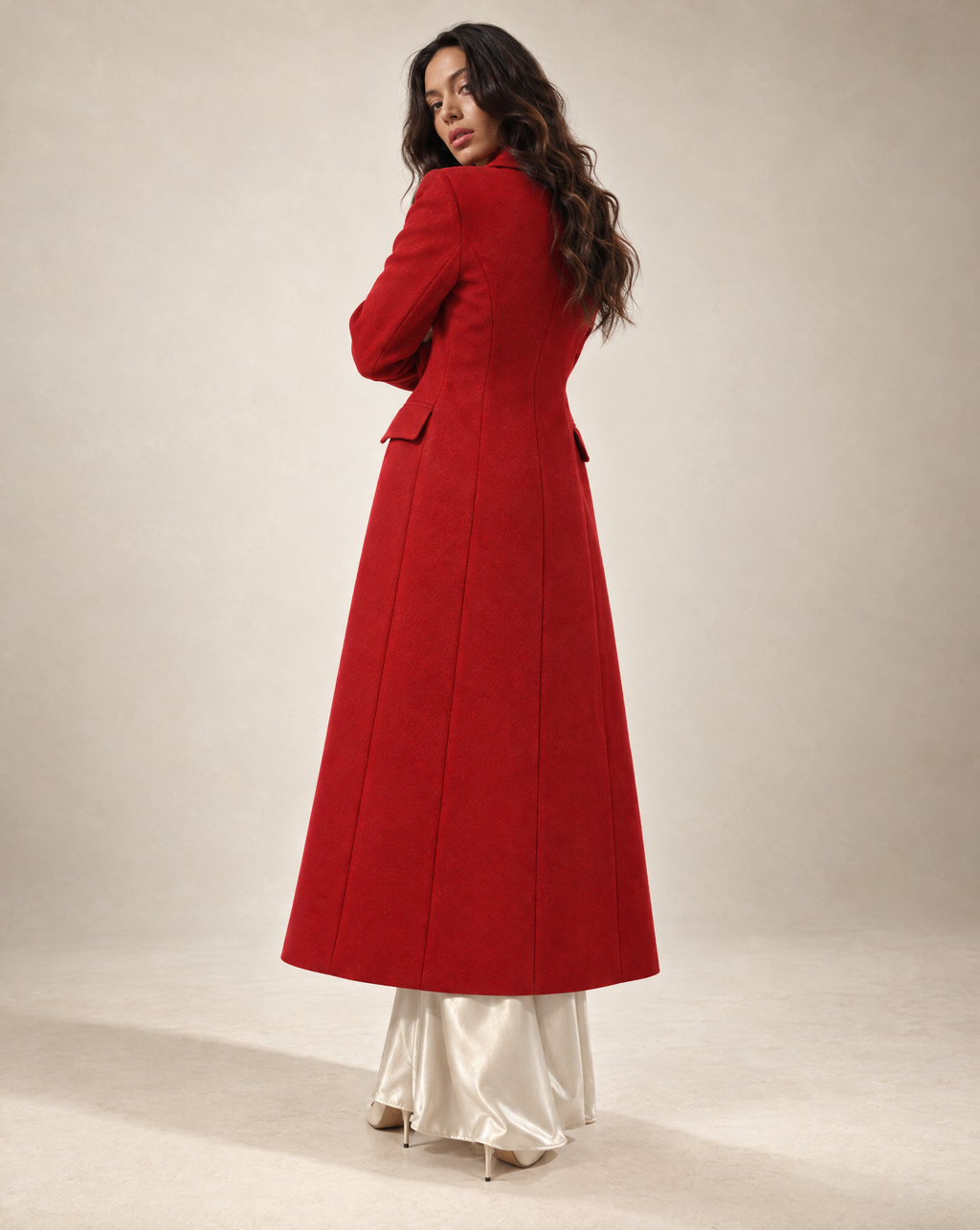 Long Tailored Wool Coat In Red with Silk Lining