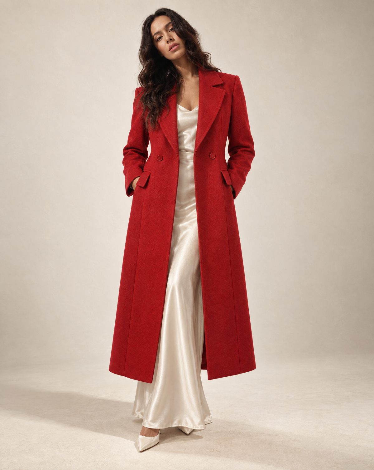 Long Tailored Wool Coat In Red with Silk Lining