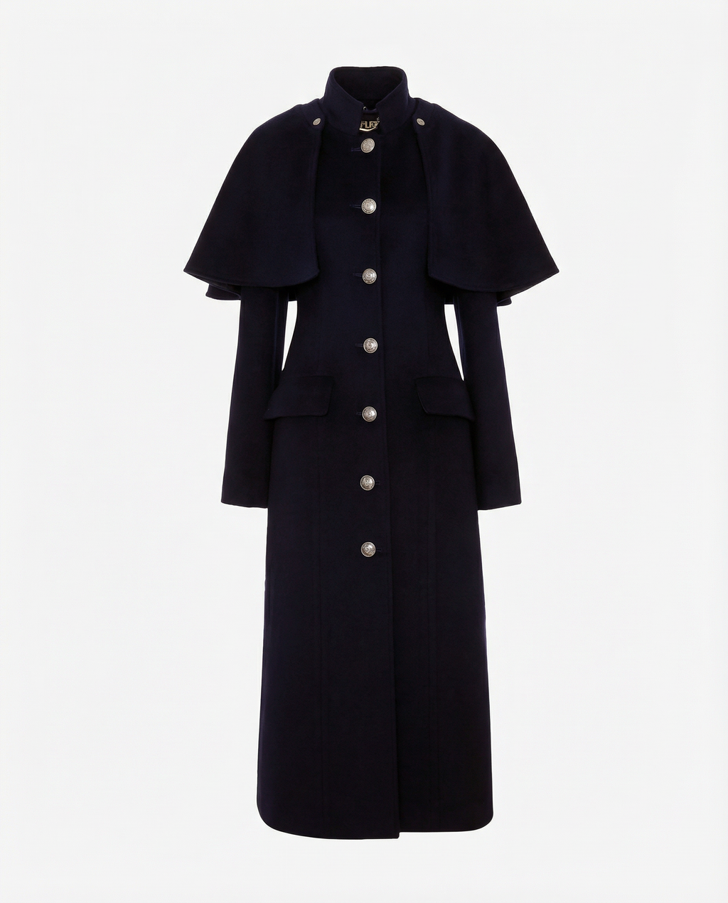 Navy Wool Coat with Detachable Cape Overlay