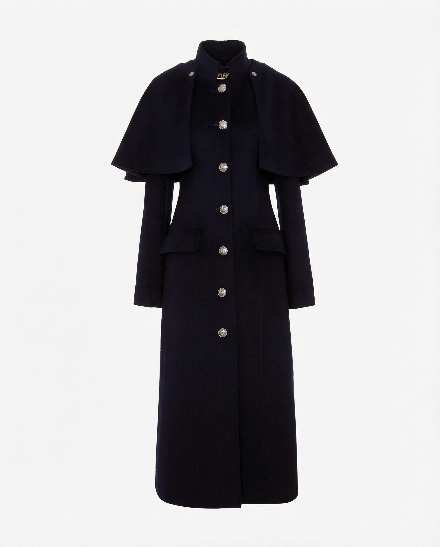 Navy Wool Coat with Detachable Cape Overlay