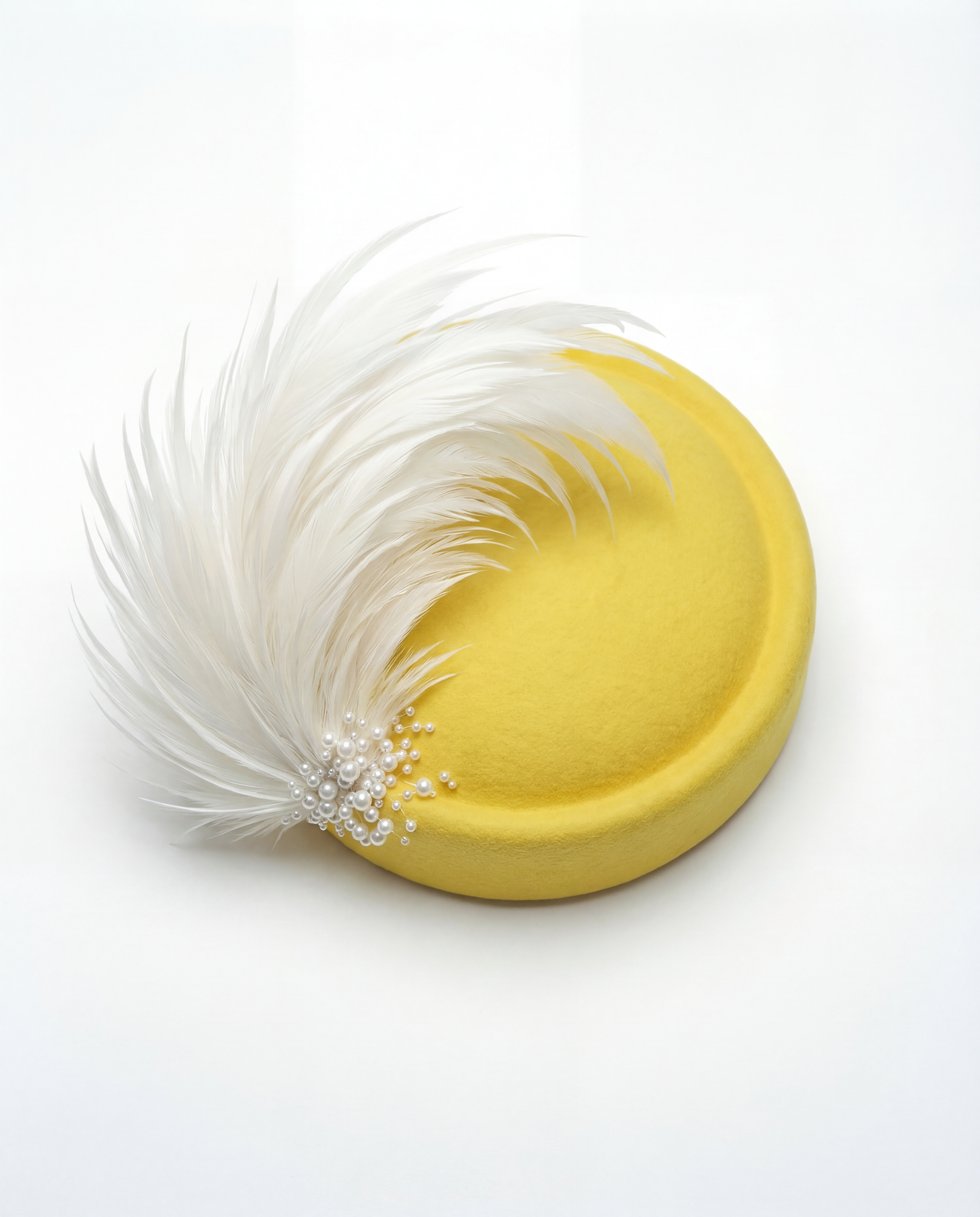 Mustard Yellow Pillbox Hat with Feathers and Pearls