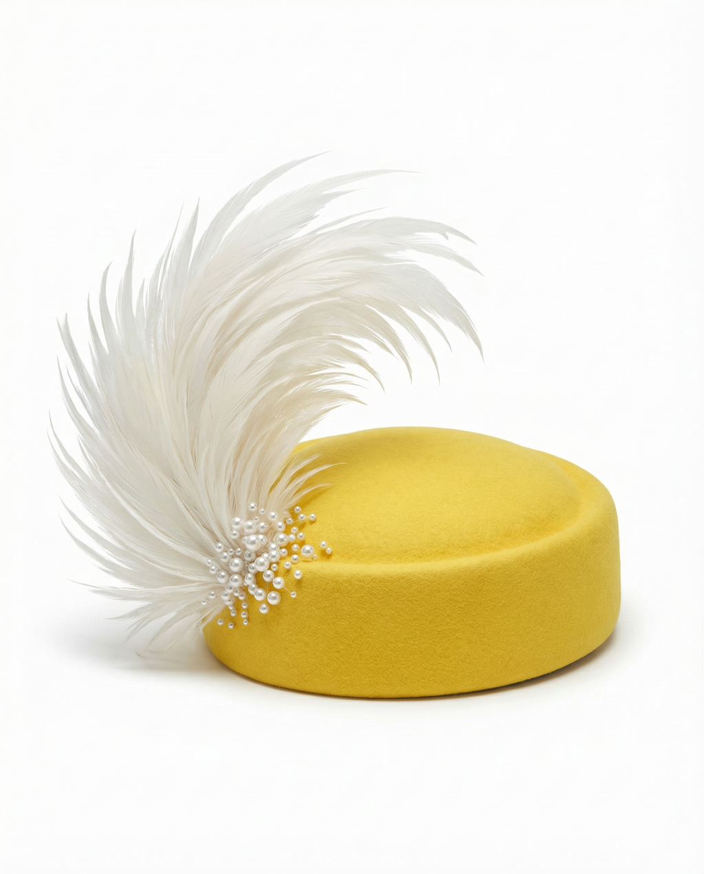 Mustard Yellow Pillbox Hat with Feathers and Pearls
