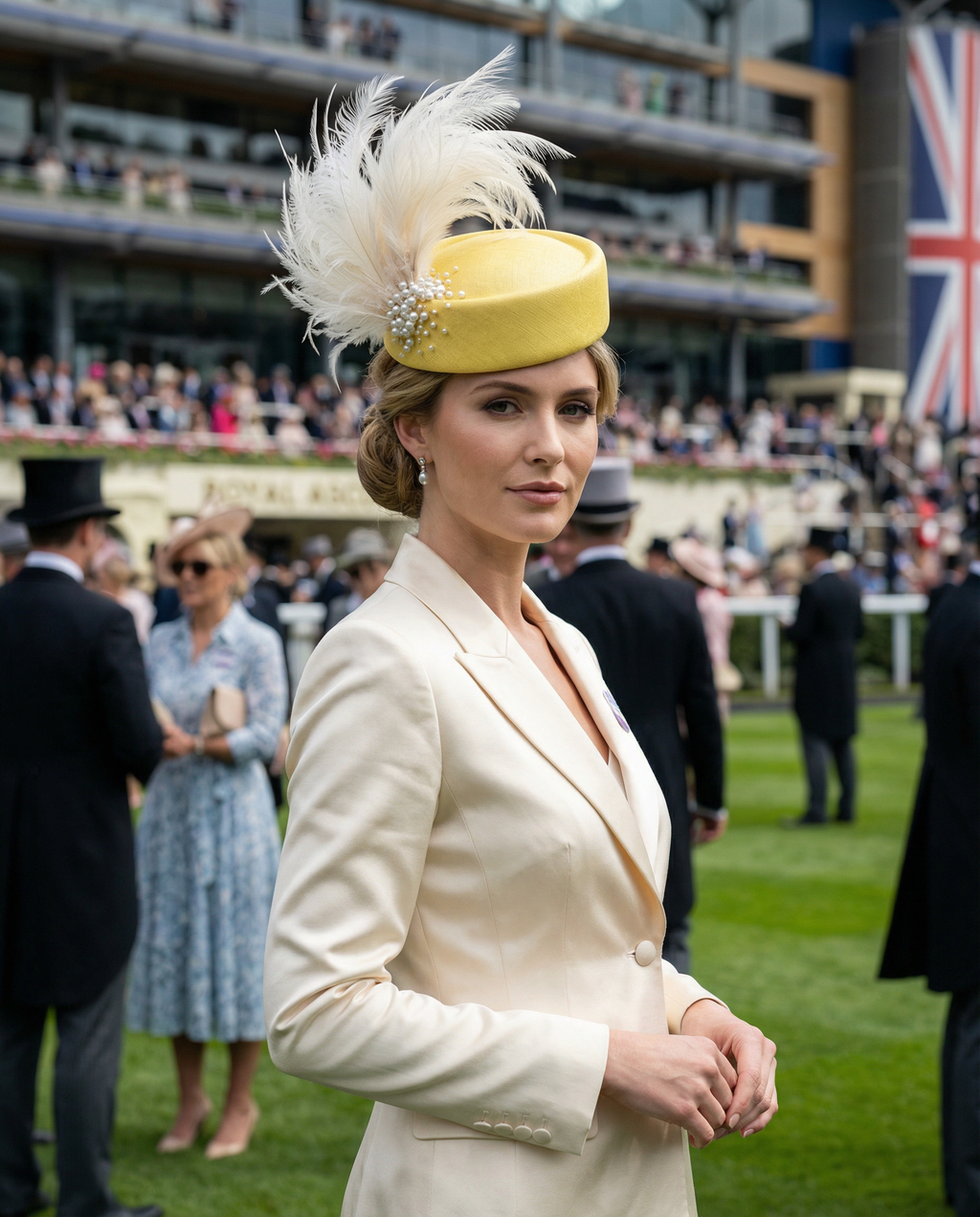 Mustard Yellow Pillbox Hat with Feathers and Pearls