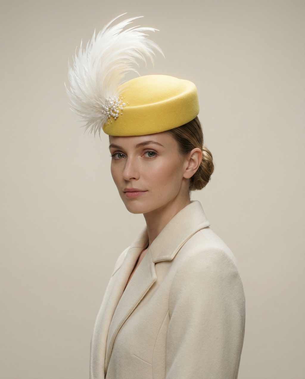 Mustard Yellow Pillbox Hat with Feathers and Pearls