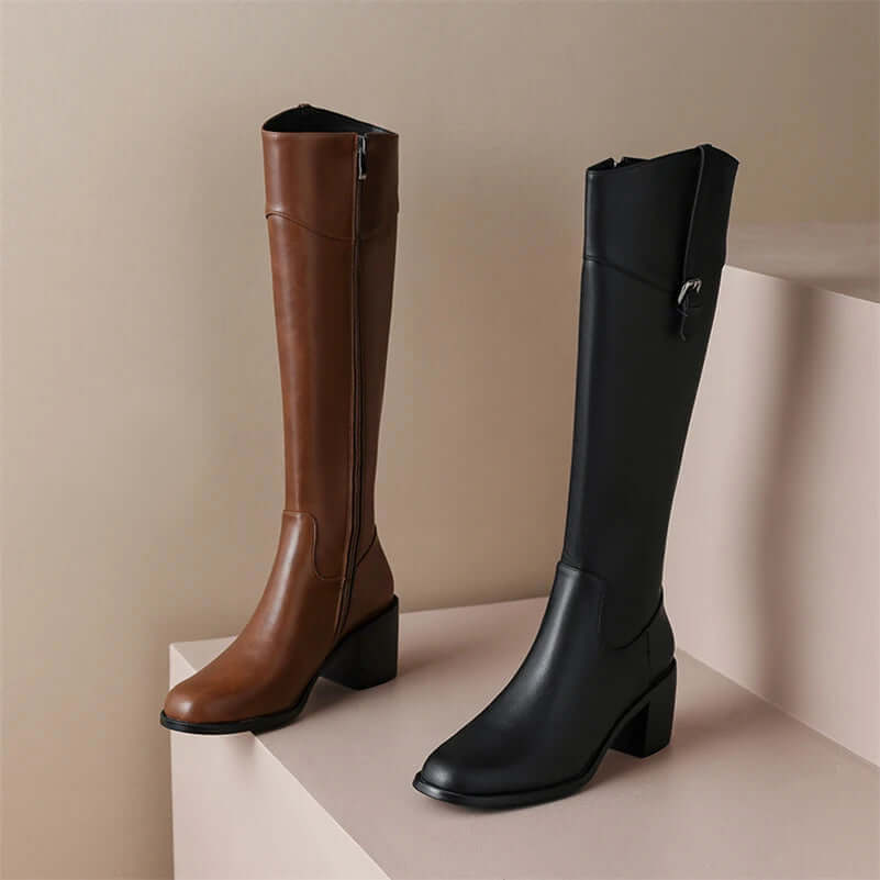 Leather Knee-High Riding Boots with Round Toe Thick High Heel & Buckle Detail