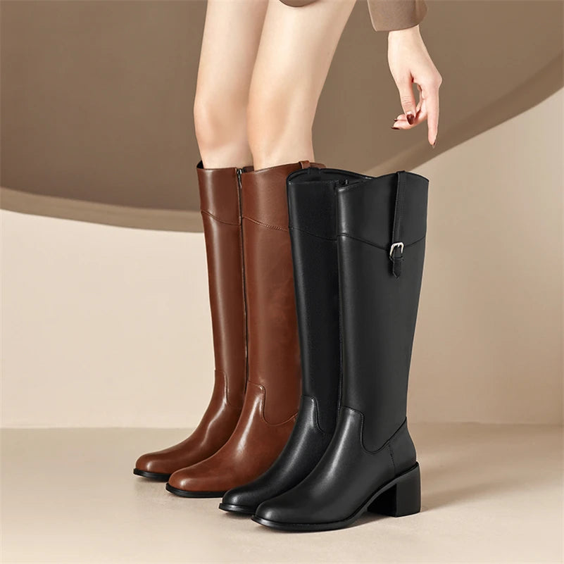 zalinah white Leather Knee-High Riding Boots with Round Toe Thick High Heel & Buckle Detail