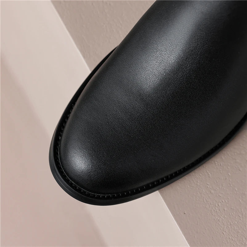 zalinah white Leather Knee-High Riding Boots with Round Toe Thick High Heel & Buckle Detail