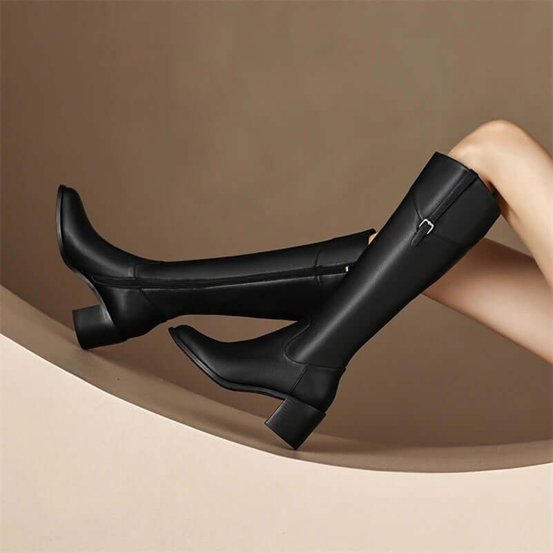 zalinah white Leather Knee-High Riding Boots with Round Toe Thick High Heel & Buckle Detail
