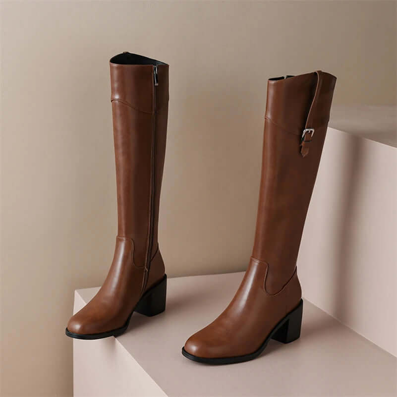 zalinah white Leather Knee-High Riding Boots with Round Toe Thick High Heel & Buckle Detail