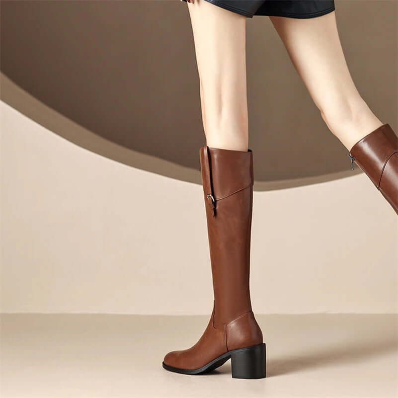 zalinah white Leather Knee-High Riding Boots with Round Toe Thick High Heel & Buckle Detail