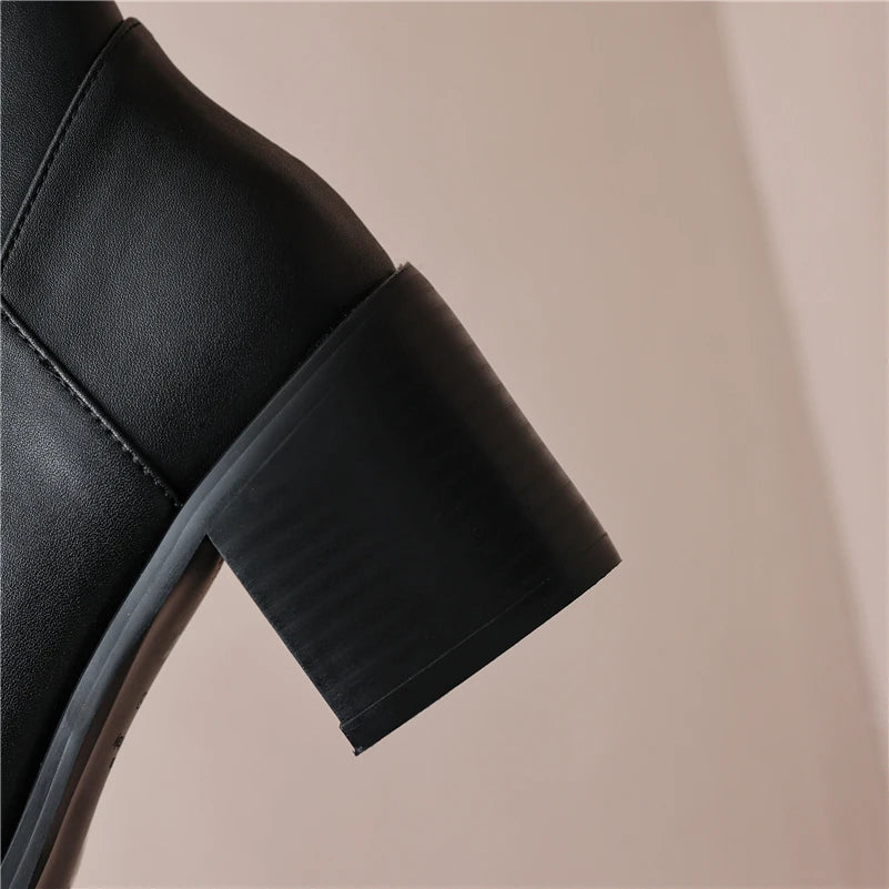 zalinah white Leather Knee-High Riding Boots with Round Toe Thick High Heel & Buckle Detail