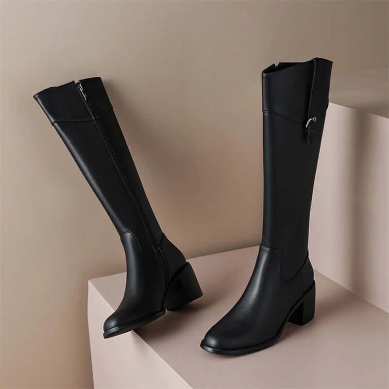 zalinah white Leather Knee-High Riding Boots with Round Toe Thick High Heel & Buckle Detail