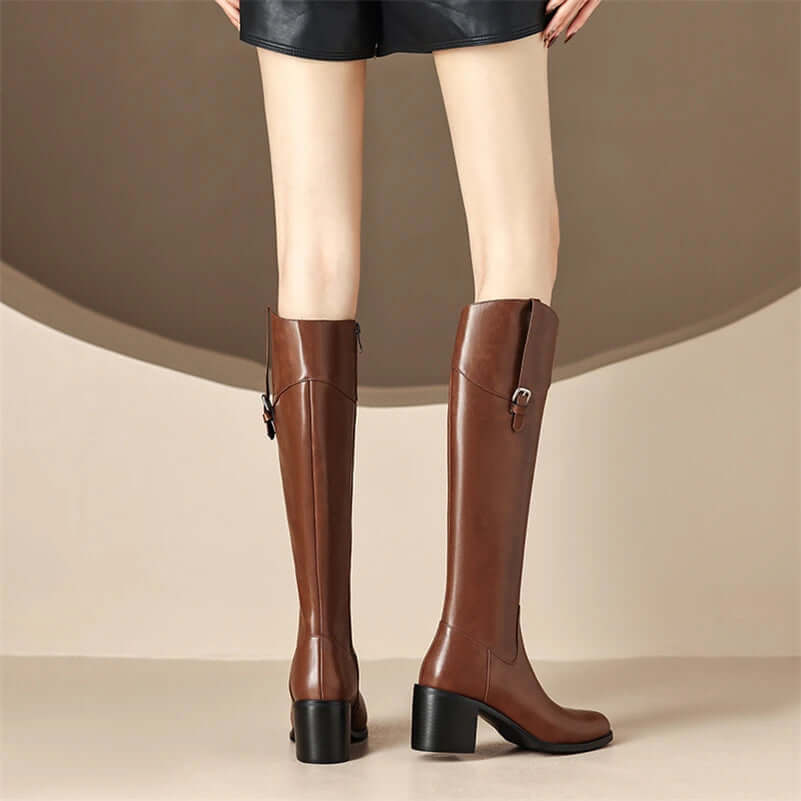 zalinah white Leather Knee-High Riding Boots with Round Toe Thick High Heel & Buckle Detail