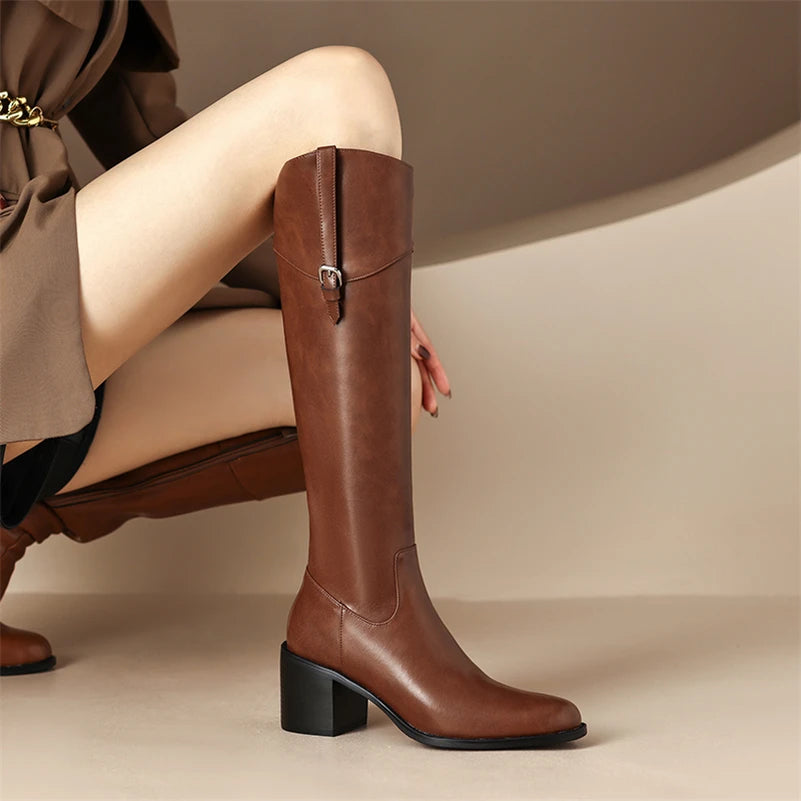 zalinah white Leather Knee-High Riding Boots with Round Toe Thick High Heel & Buckle Detail