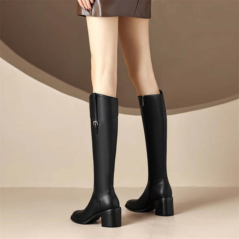 zalinah white Leather Knee-High Riding Boots with Round Toe Thick High Heel & Buckle Detail