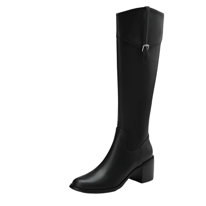 zalinah white Leather Knee-High Riding Boots with Round Toe Thick High Heel & Buckle Detail