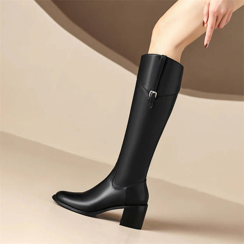 zalinah white Leather Knee-High Riding Boots with Round Toe Thick High Heel & Buckle Detail