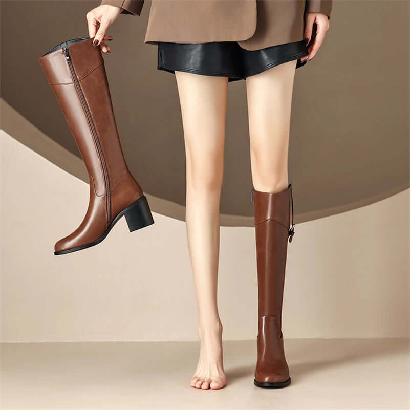 zalinah white Leather Knee-High Riding Boots with Round Toe Thick High Heel & Buckle Detail