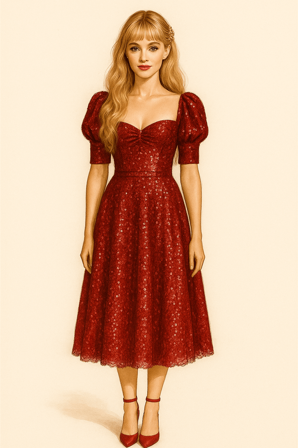 Sequin Milkmaid Dress with Sweetheart Neckline & Puffed Sleeves - Red