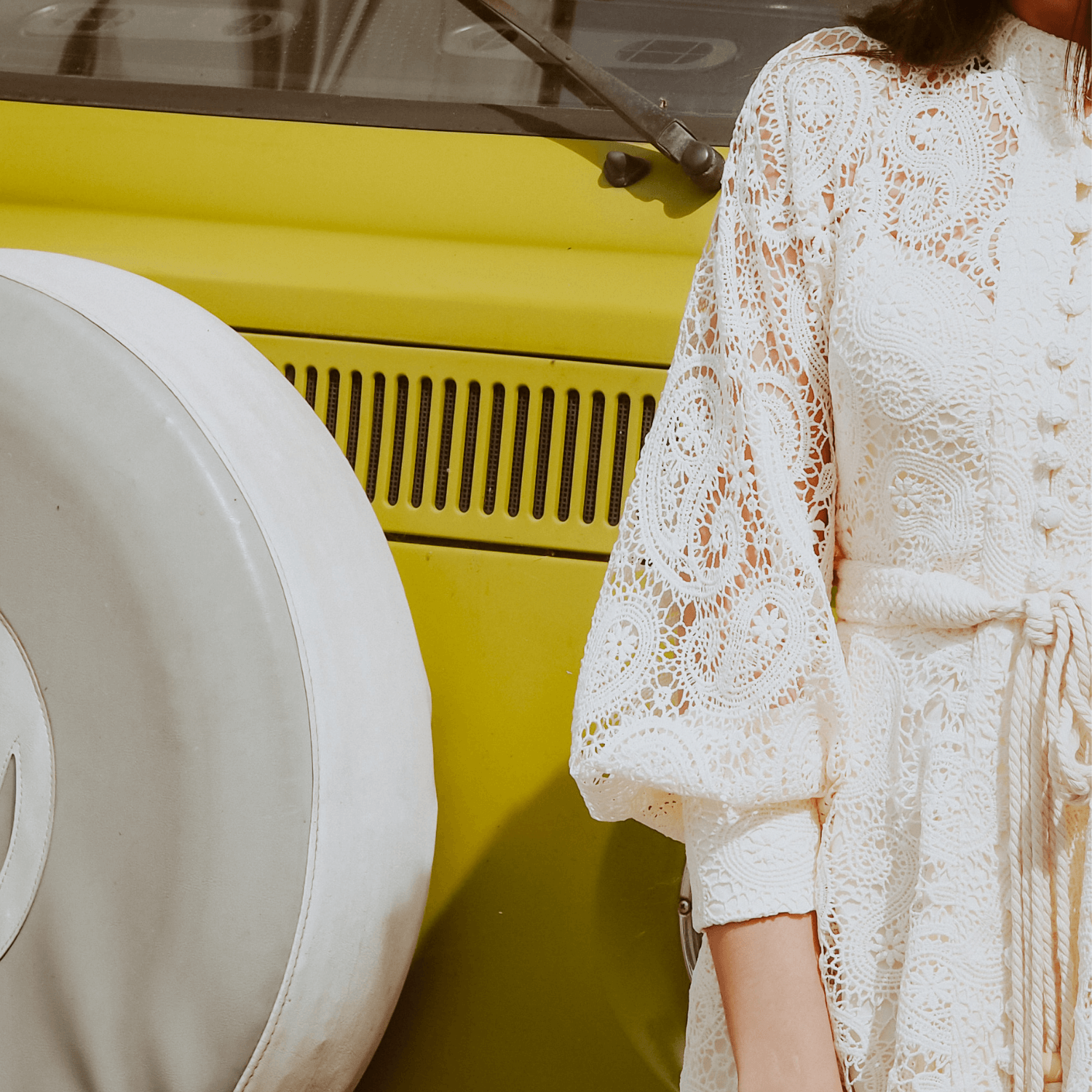 Crochet Cream Midi With Long Ruched Sleeves and Belt
