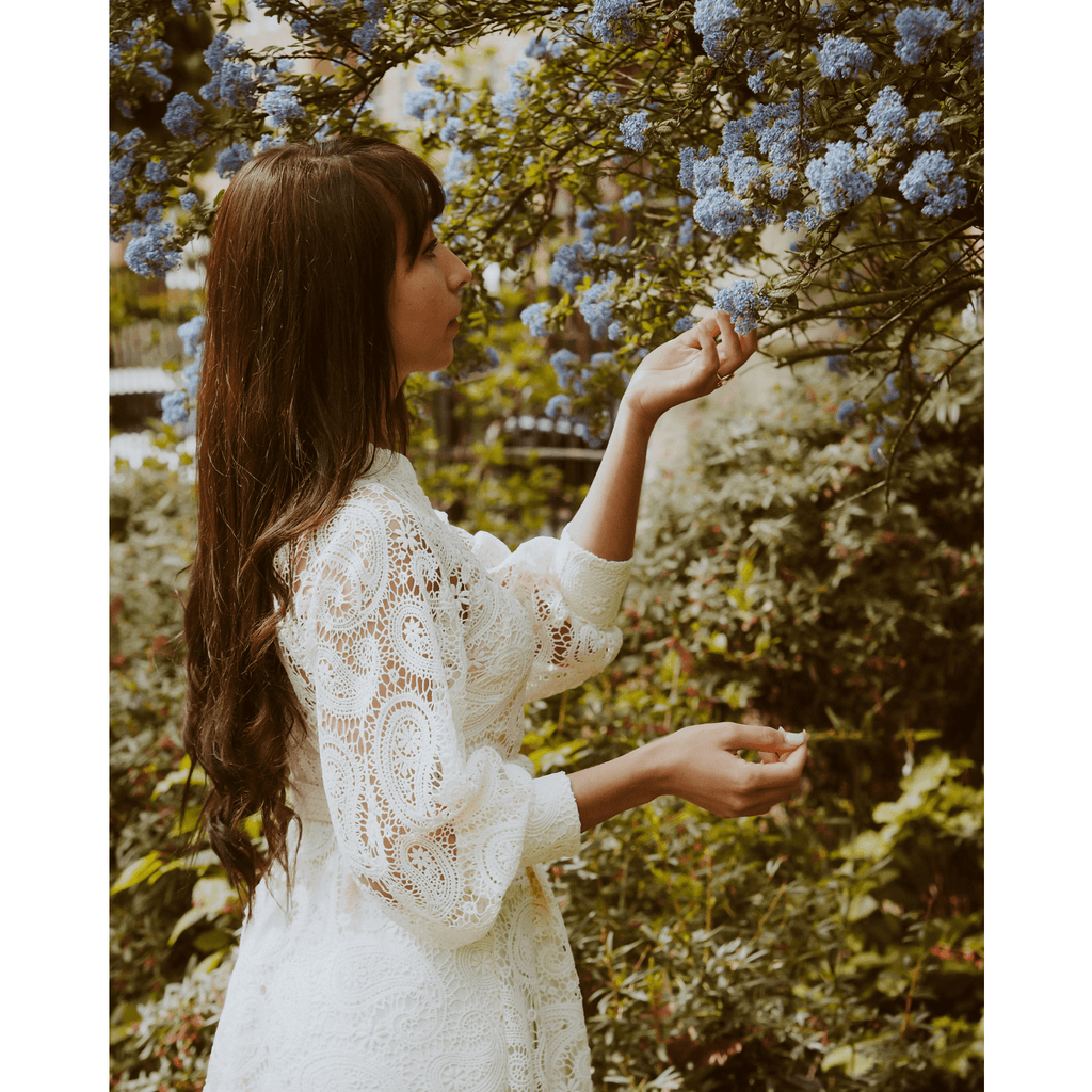 Crochet Cream Midi With Long Ruched Sleeves and Belt