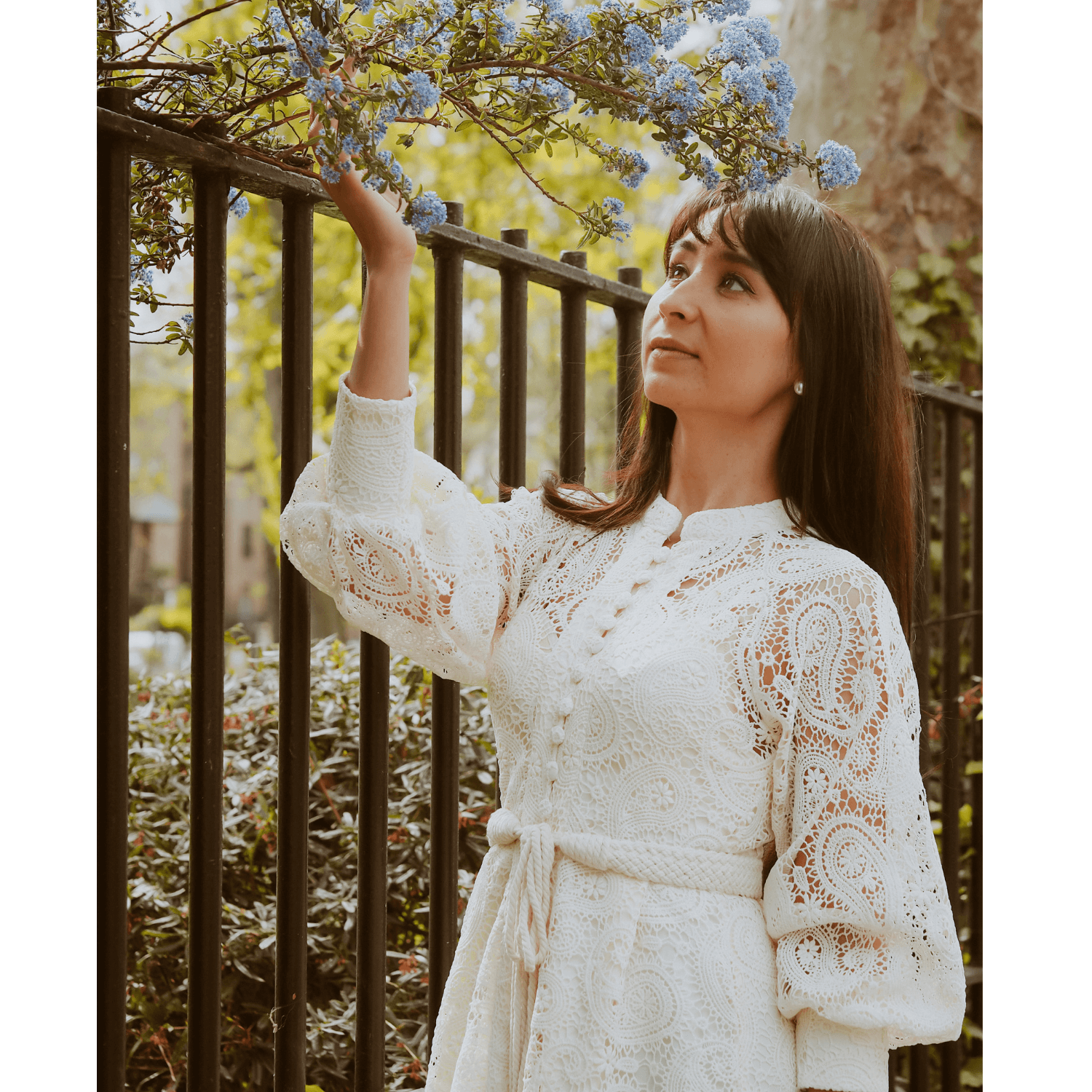 Crochet Cream Midi With Long Ruched Sleeves and Belt
