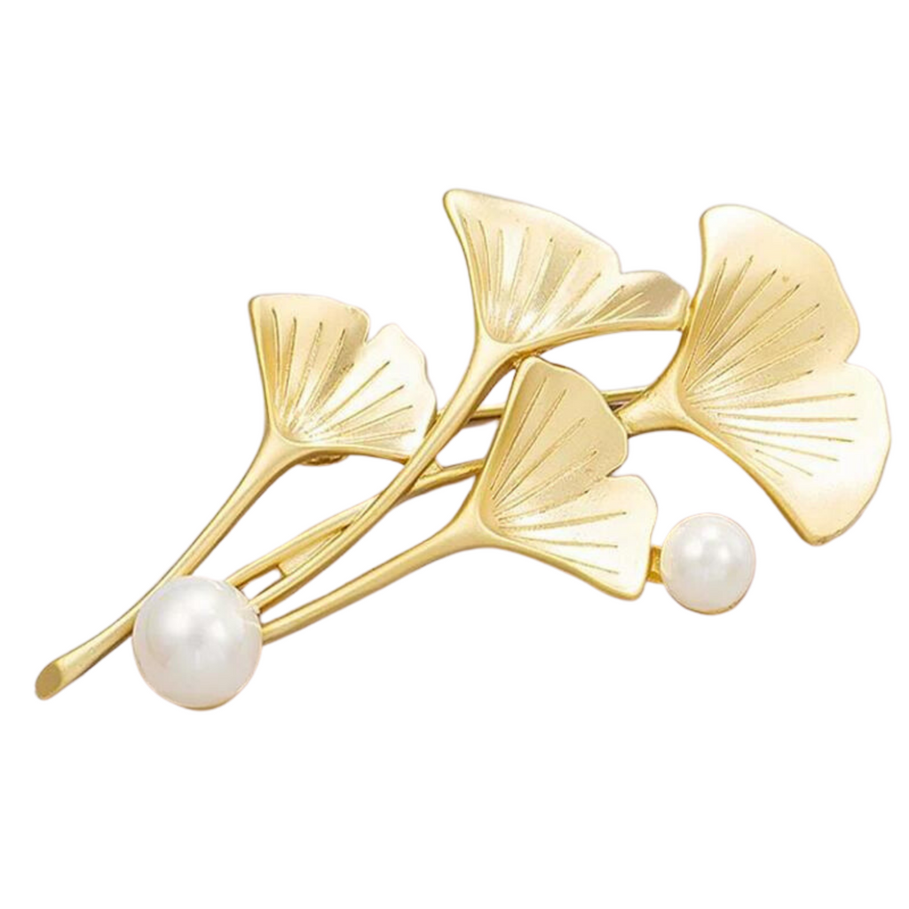 Gingko Leaf Brooch With Faux Pearls - Gold