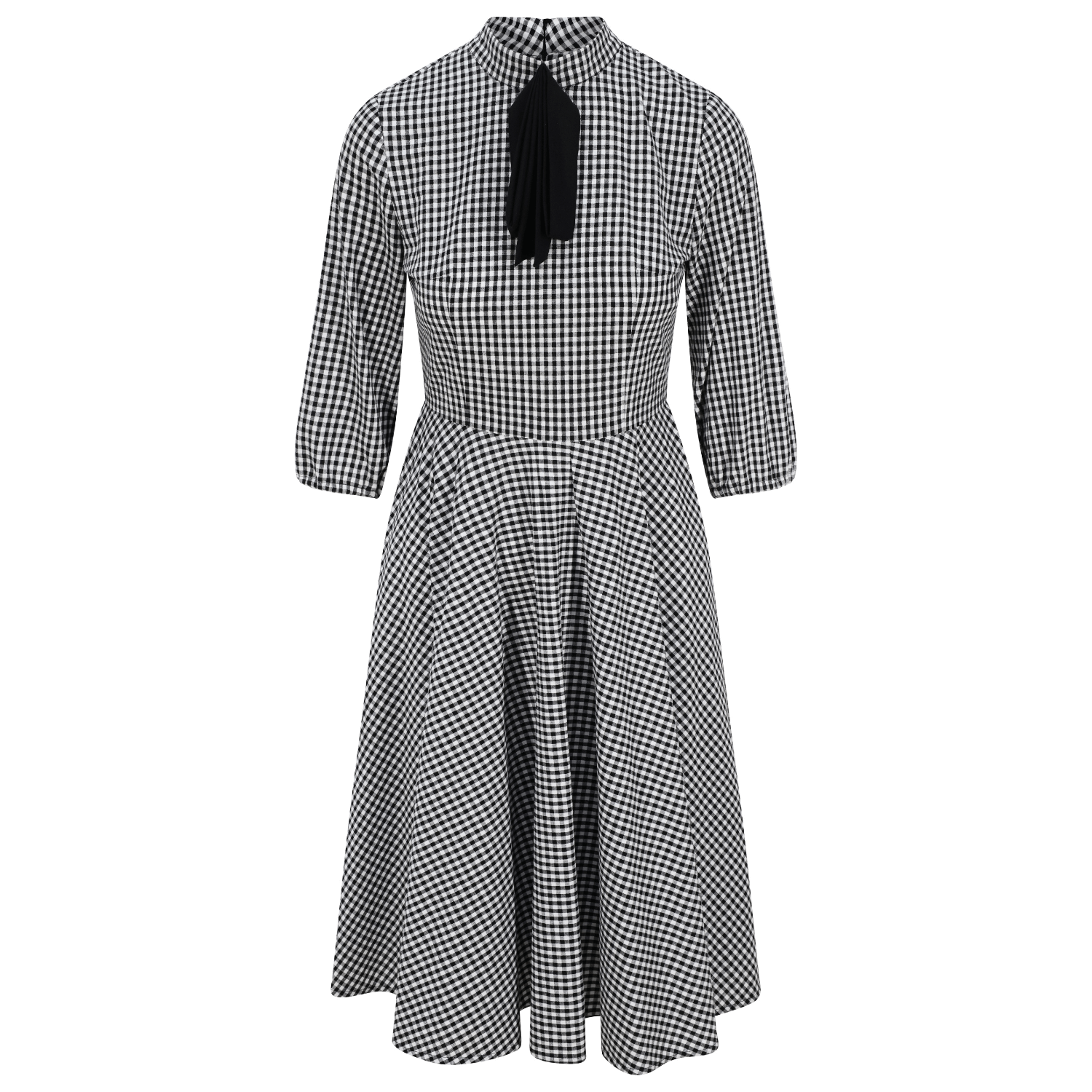 Black & White Gingham Flowy Swing Skater Midi Dress with Neck Bow
