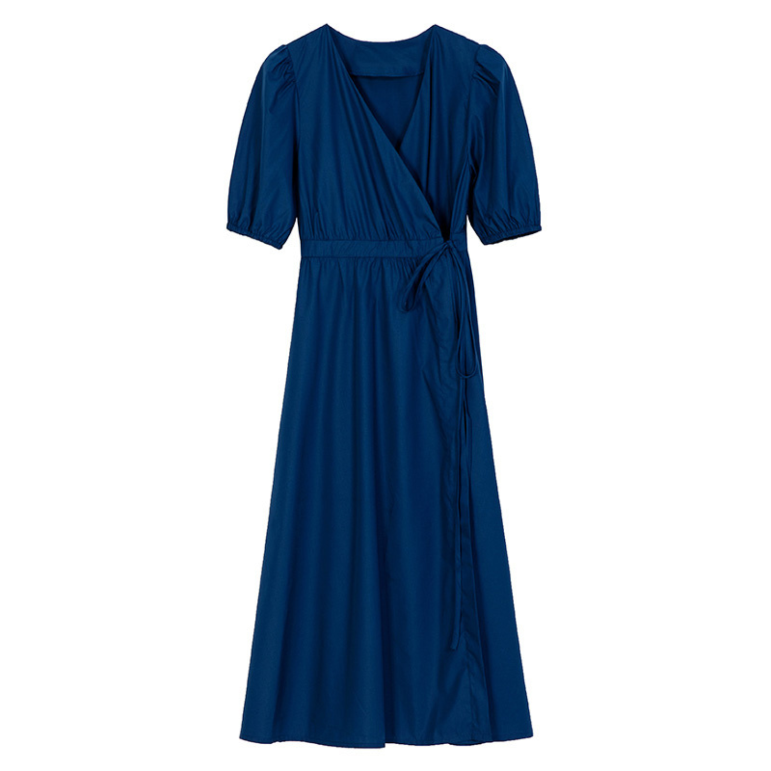 Dark Teal Blue Wrap Midi Dress With Puffed Cap Sleeves