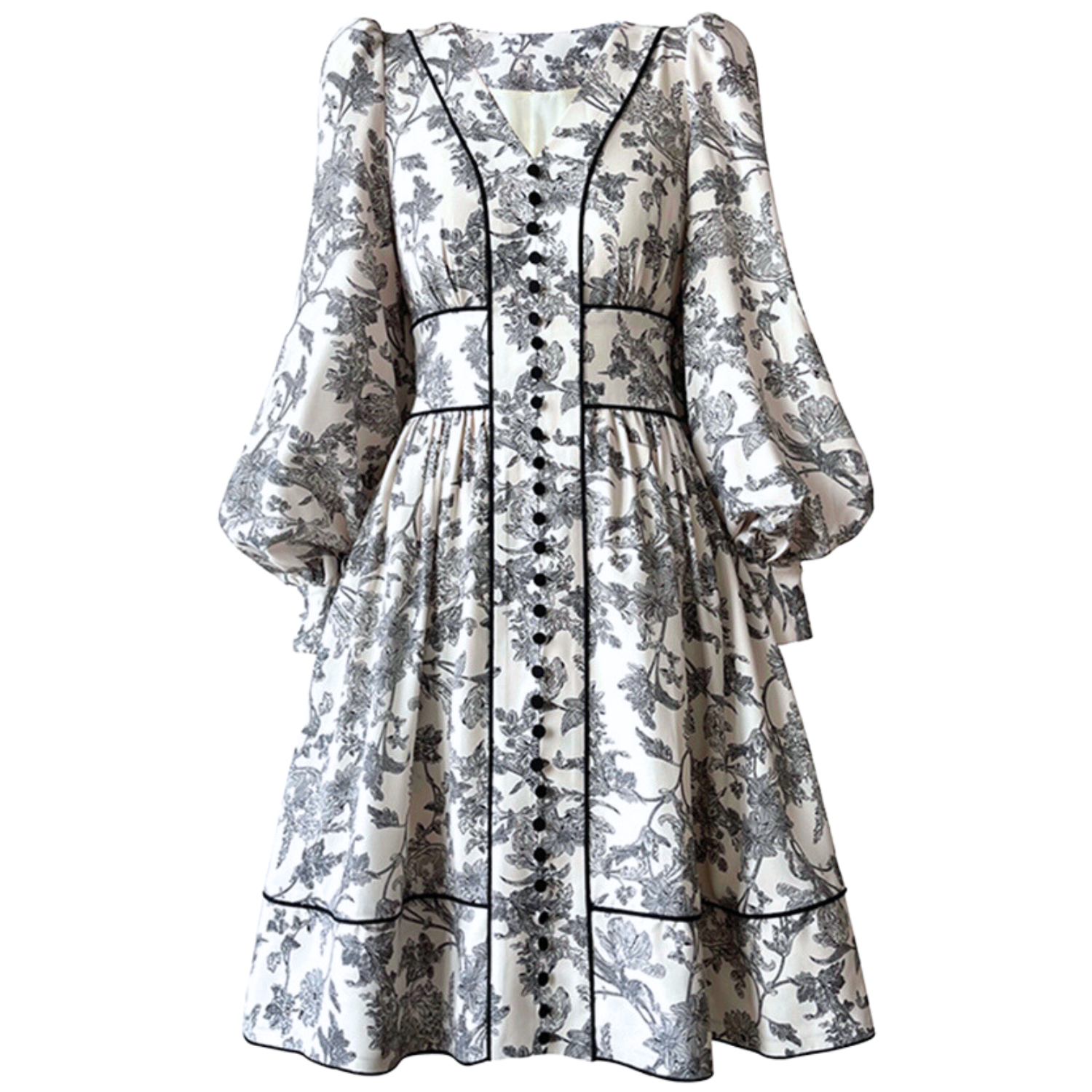 V-neck Printed Aline Dress With Long Puffed Sleeves and Covered Buttons snova vintage 