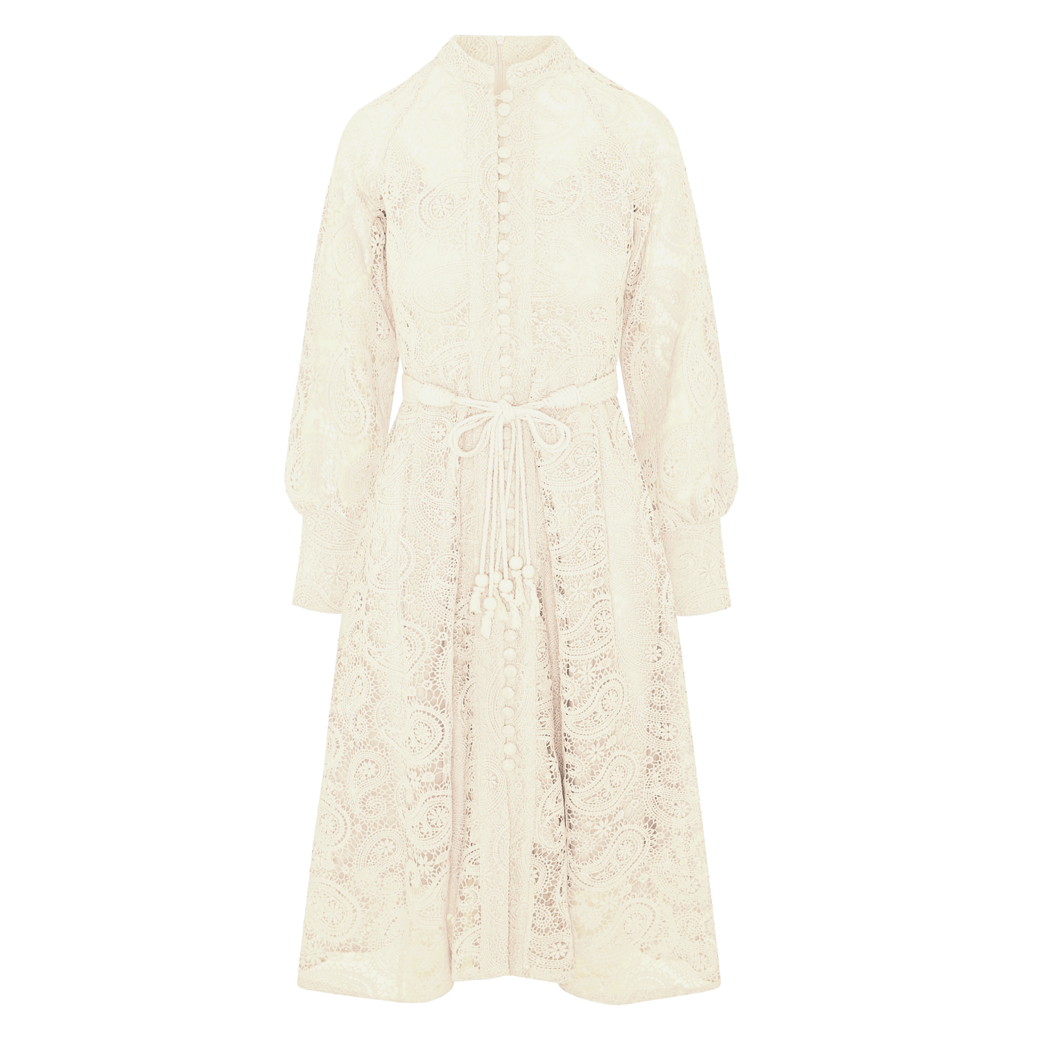 Crochet Cream Midi With Long Ruched Sleeves and Belt
