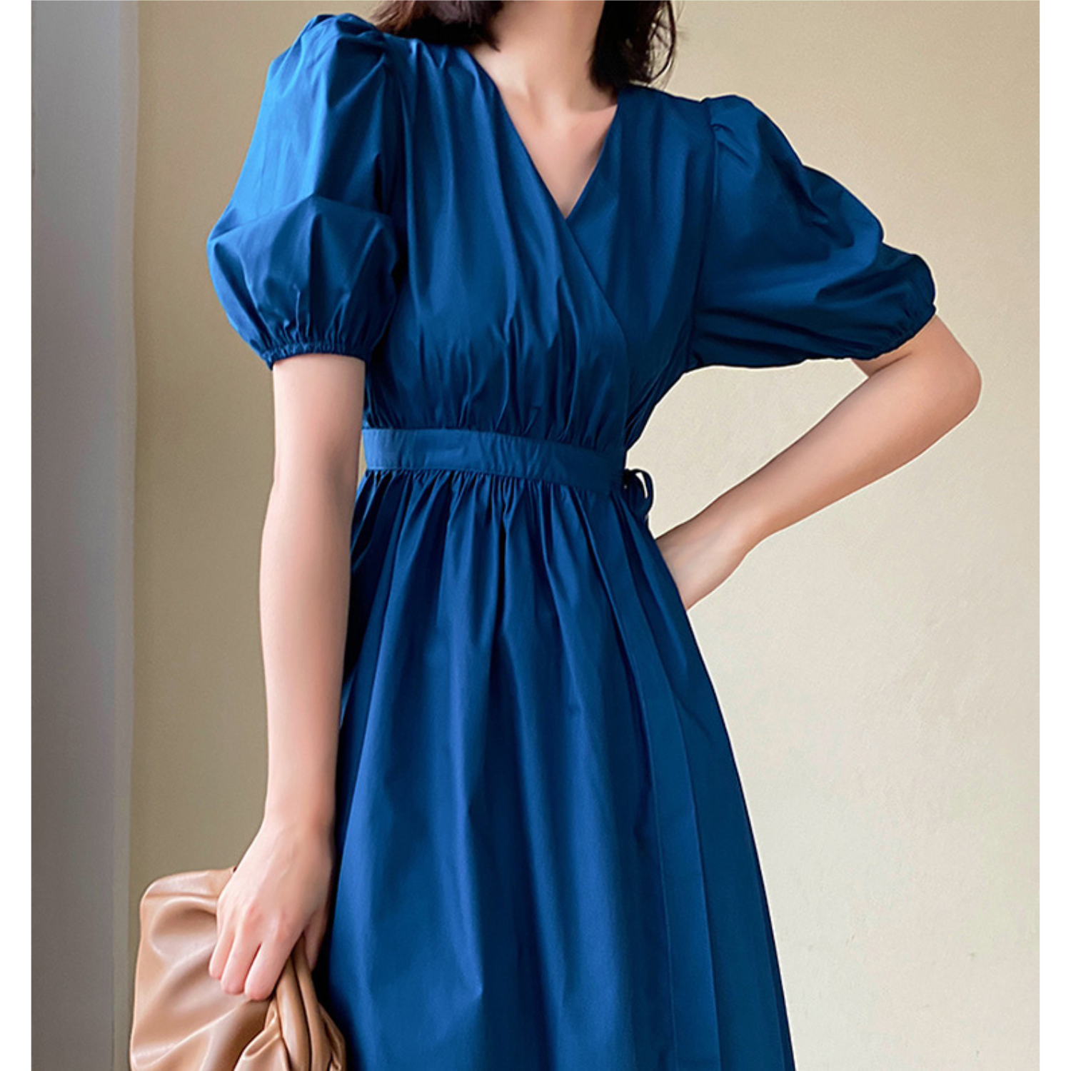 Dark Teal Blue Wrap Midi Dress With Puffed Cap Sleeves