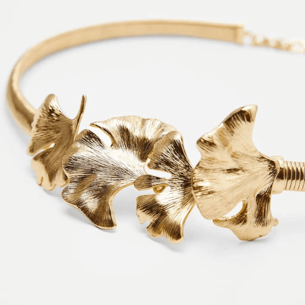 Gold Stretch Waist Belt with Ginkgo Leaf-Shaped Buckle