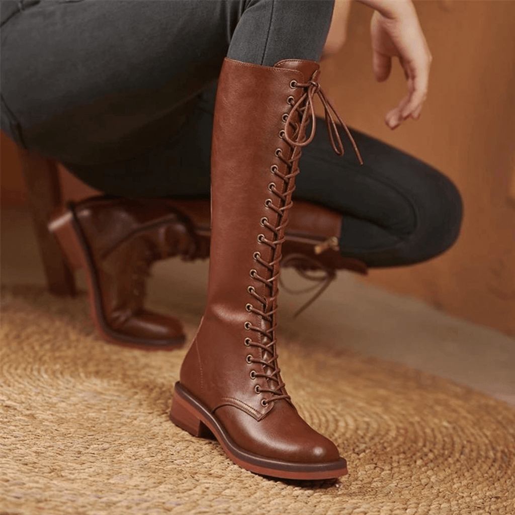zalinah white KNEE HIGH LACE UP FLAT BOOTS  - BROWN LEATHER