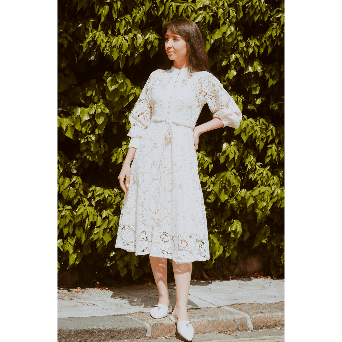 Crochet Cream Midi With Long Ruched Sleeves and Belt