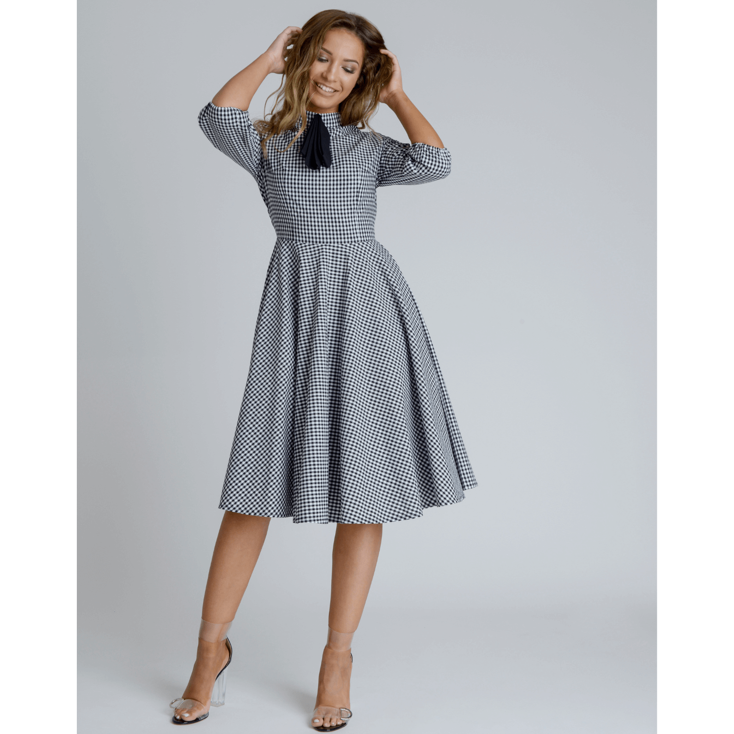 Black & White Gingham Flowy Swing Skater Midi Dress with Neck Bow