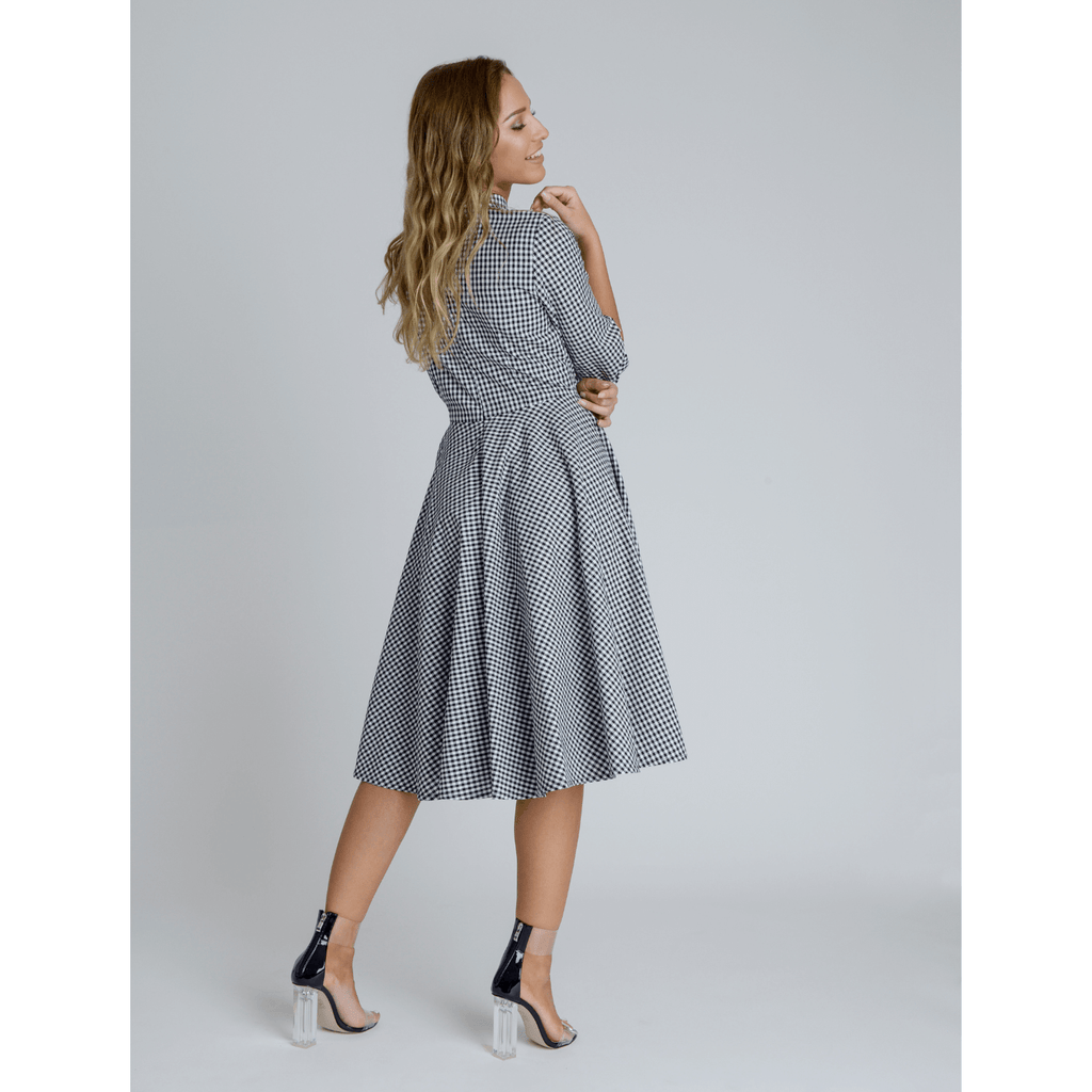 Black & White Gingham Flowy Swing Skater Midi Dress with Neck Bow