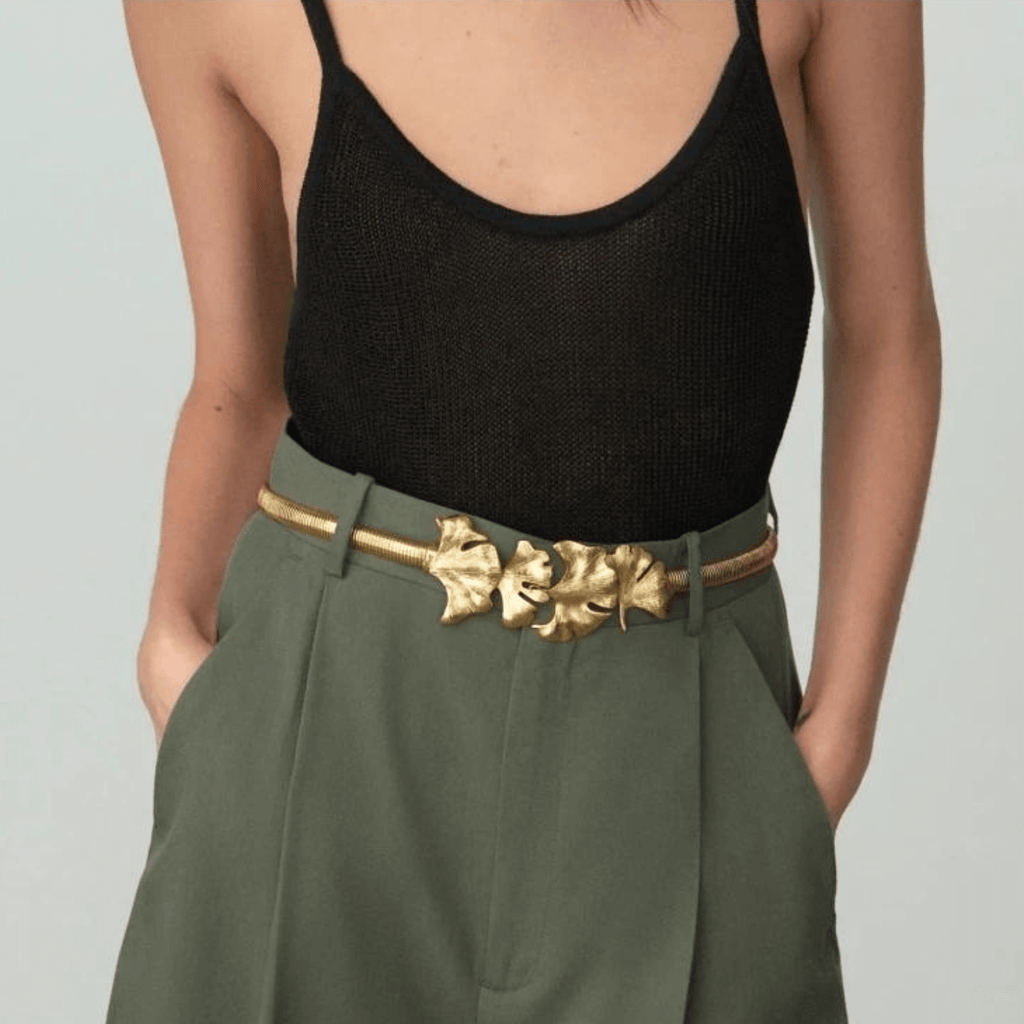 Gold Stretch Waist Belt with Ginkgo Leaf-Shaped Buckle