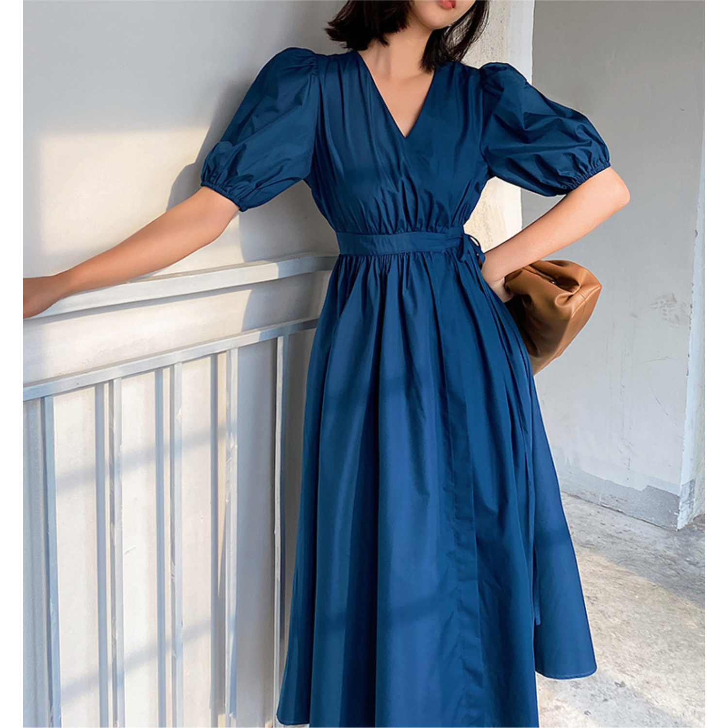 Dark Teal Blue Wrap Midi Dress With Puffed Cap Sleeves