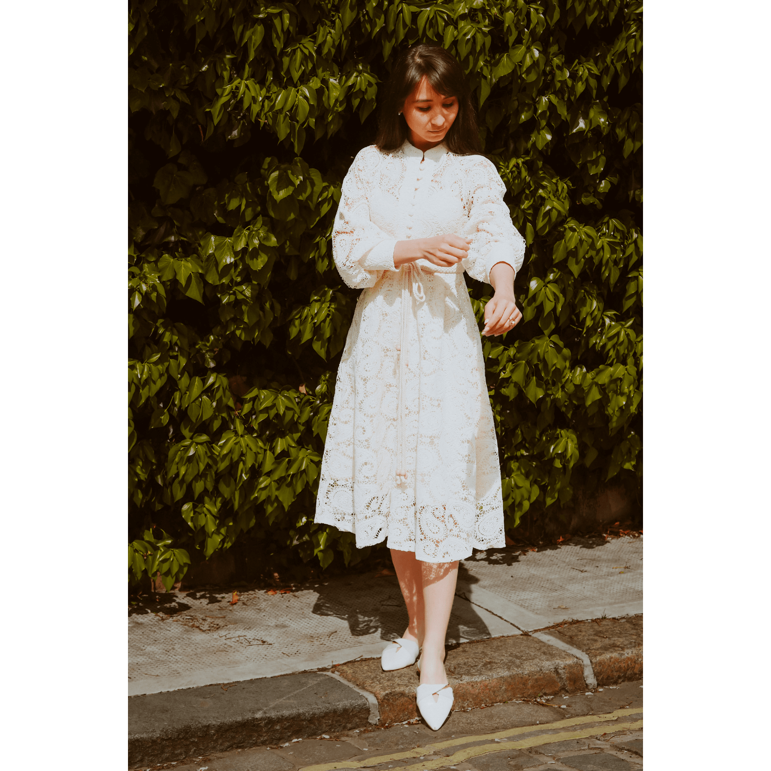 Crochet Cream Midi With Long Ruched Sleeves and Belt