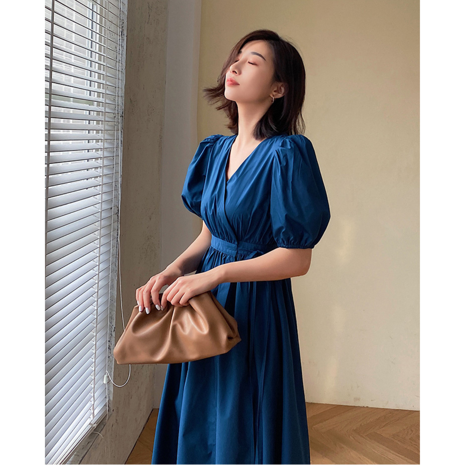 Dark Teal Blue Wrap Midi Dress With Puffed Cap Sleeves
