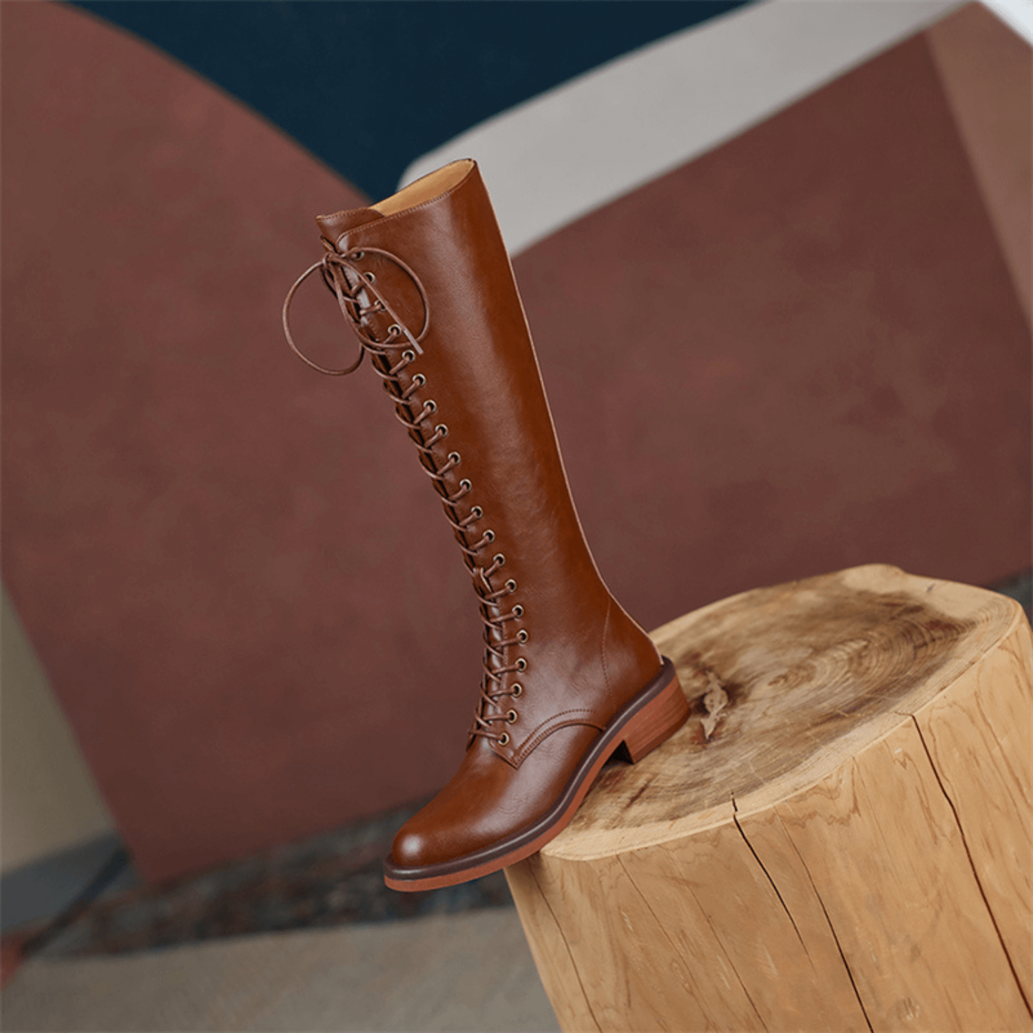 zalinah white KNEE HIGH LACE UP FLAT BOOTS  - BROWN LEATHER