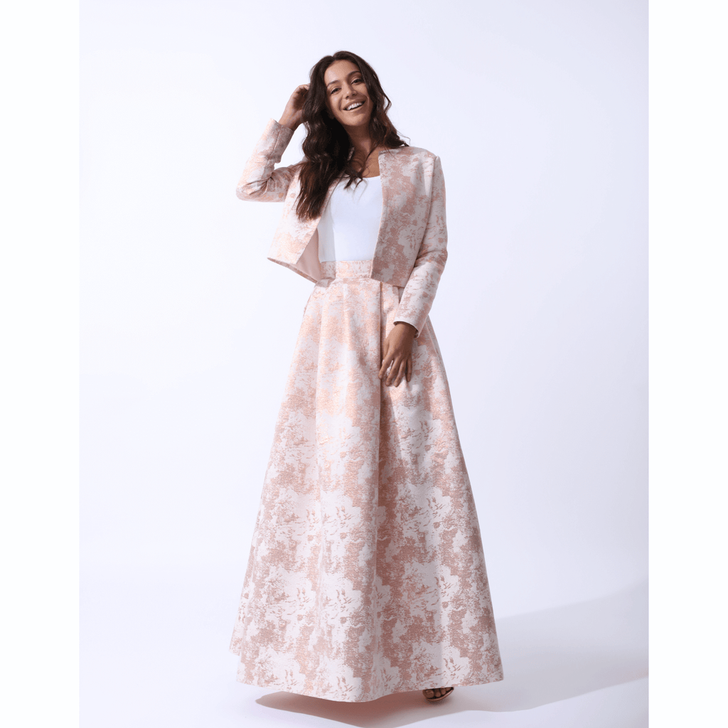 Structured Pleated Maxi Skirt Metallic Rose Gold Jacquard